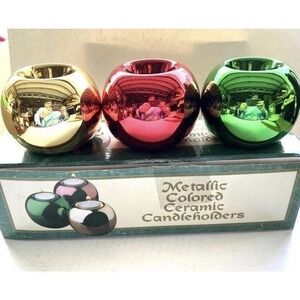 Metallic Collored Ceramic Votive Candleholders With Box. Gold, Red, And Green
